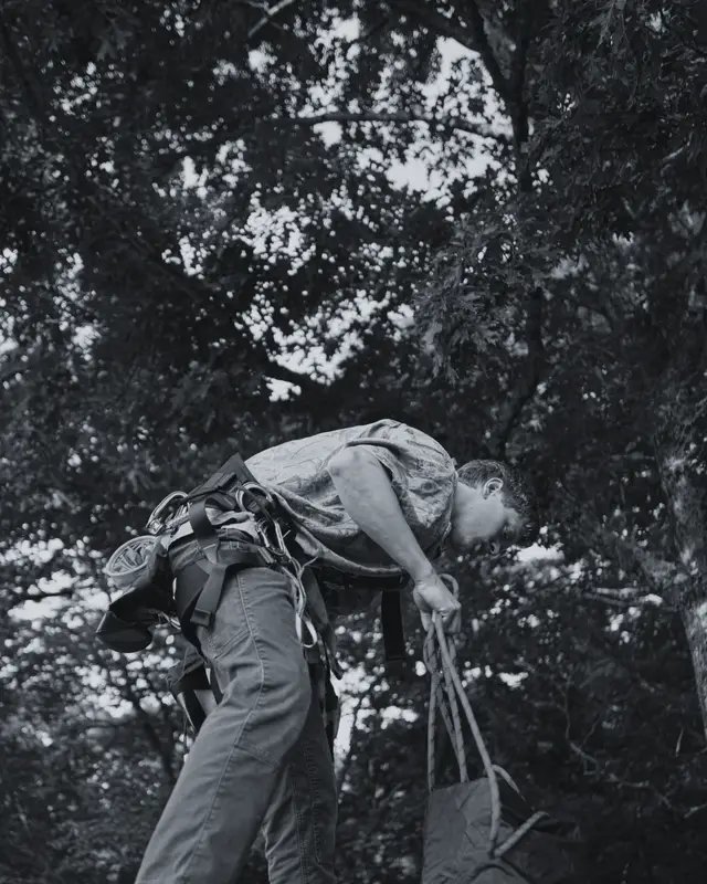 Roofer in a harness securing gear on a steep roof under fir trees